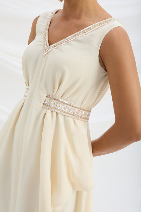 BEIGE EMBROIDERED DRAPE DRESS