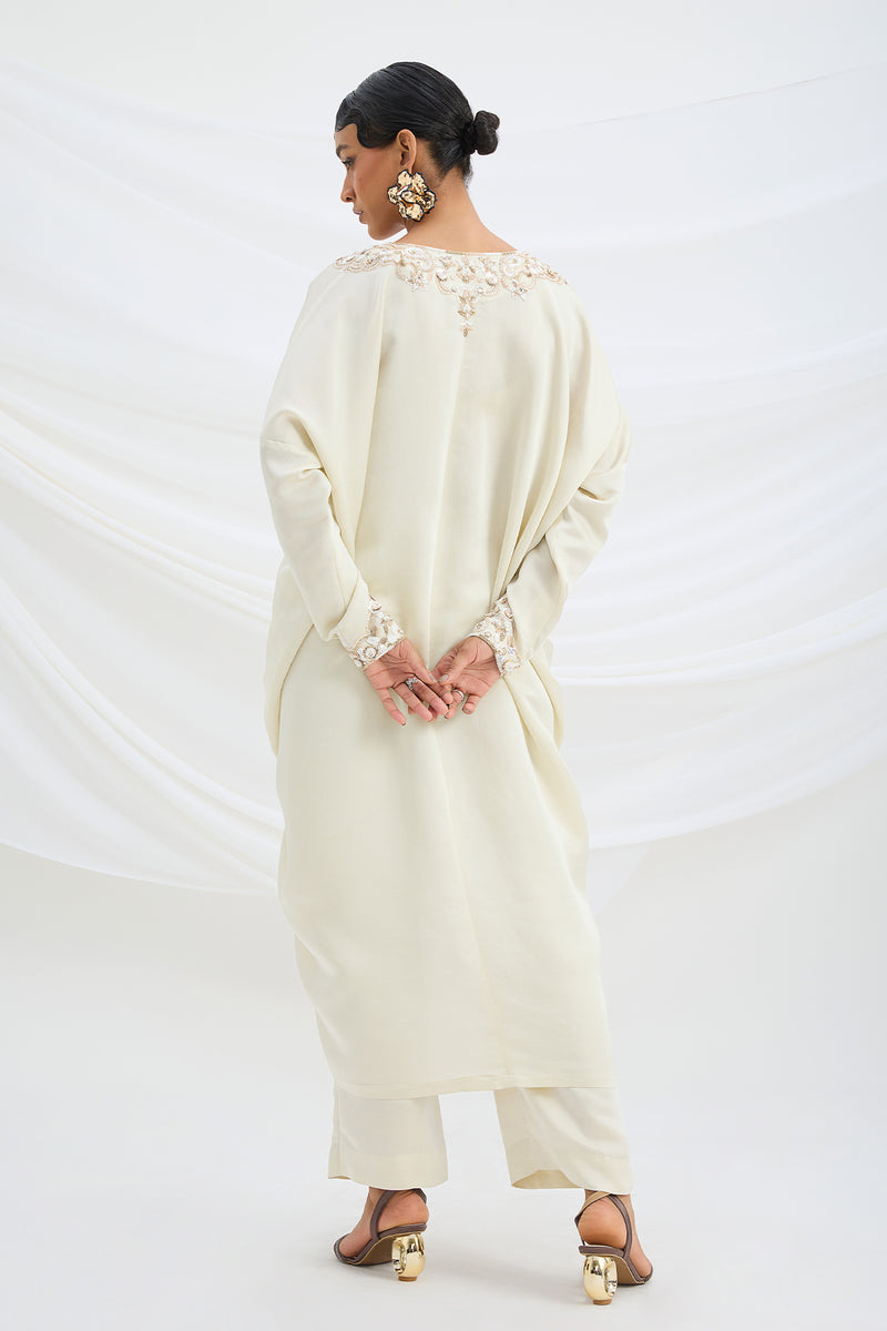 BEIGE EMBROIDERED DRAPED KAFTAN WITH BOTTOM