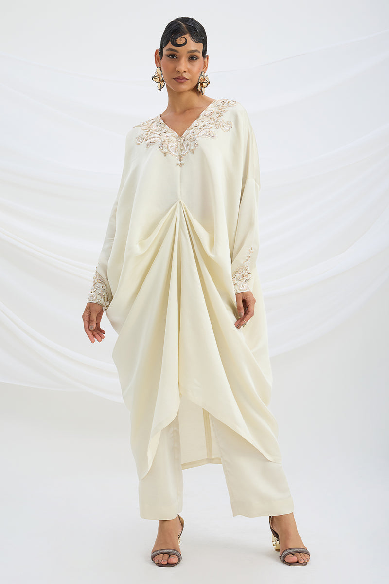 BEIGE EMBROIDERED DRAPED KAFTAN WITH BOTTOM
