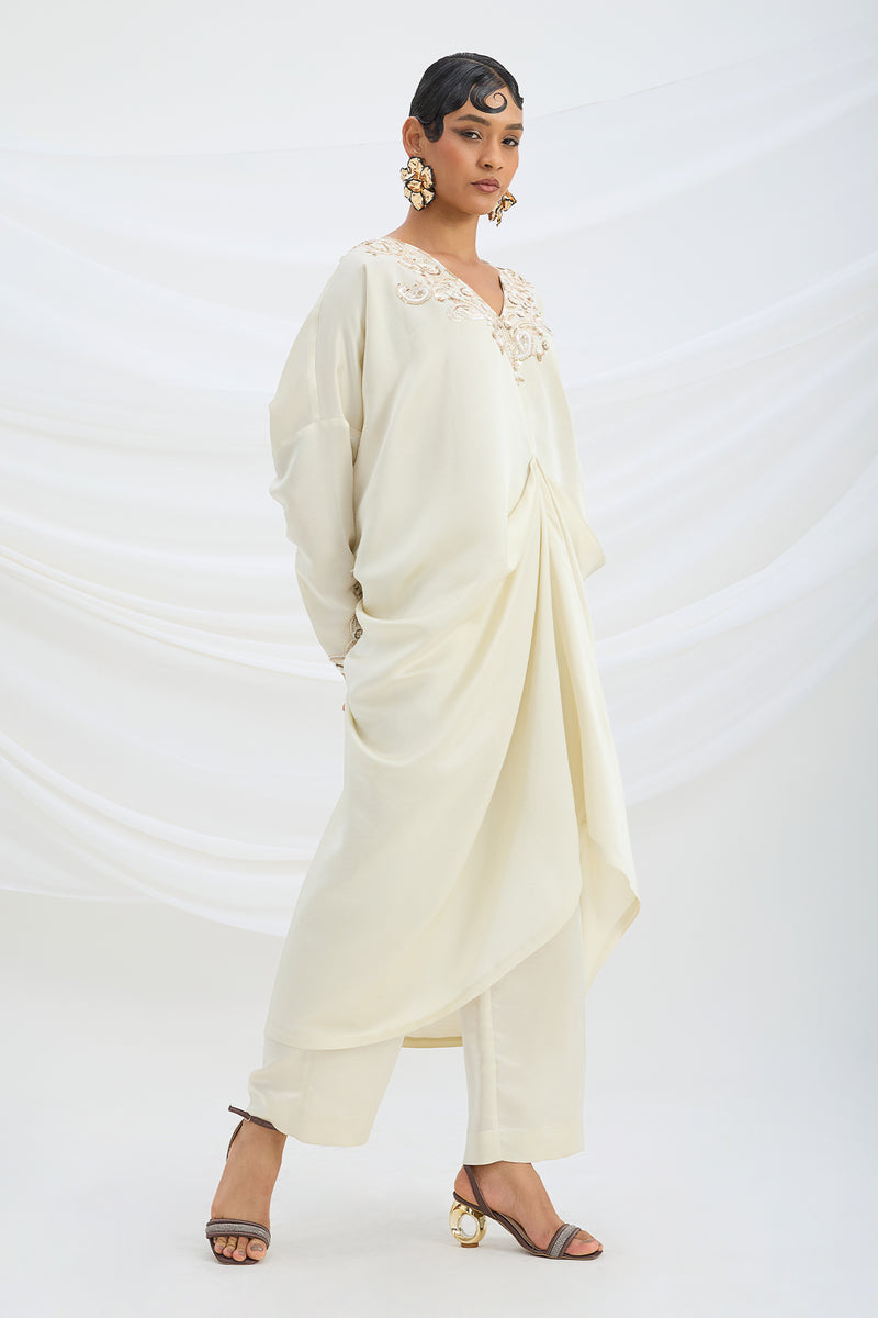 BEIGE EMBROIDERED DRAPED KAFTAN WITH BOTTOM