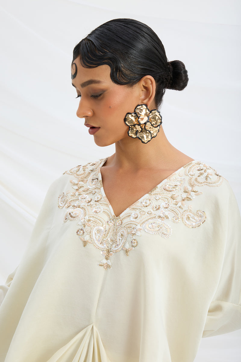 BEIGE EMBROIDERED DRAPED KAFTAN WITH BOTTOM
