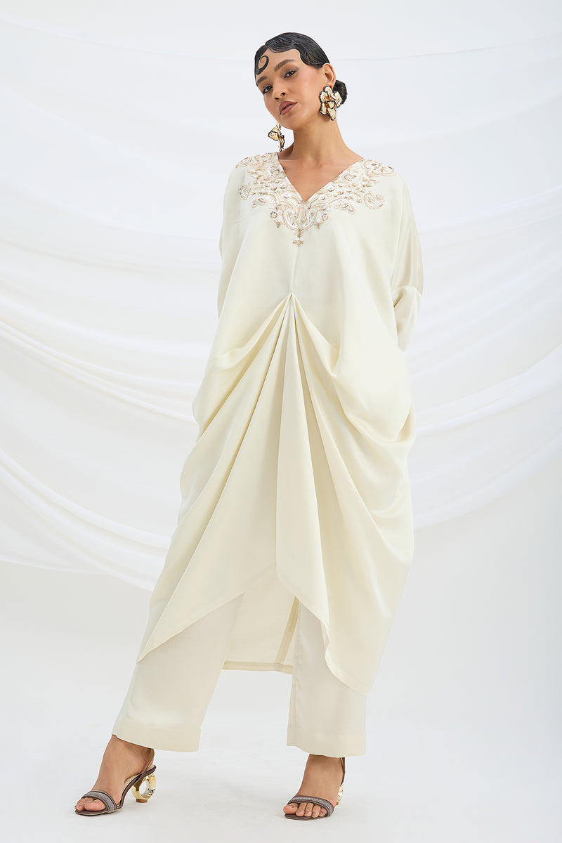 BEIGE EMBROIDERED DRAPED KAFTAN WITH BOTTOM