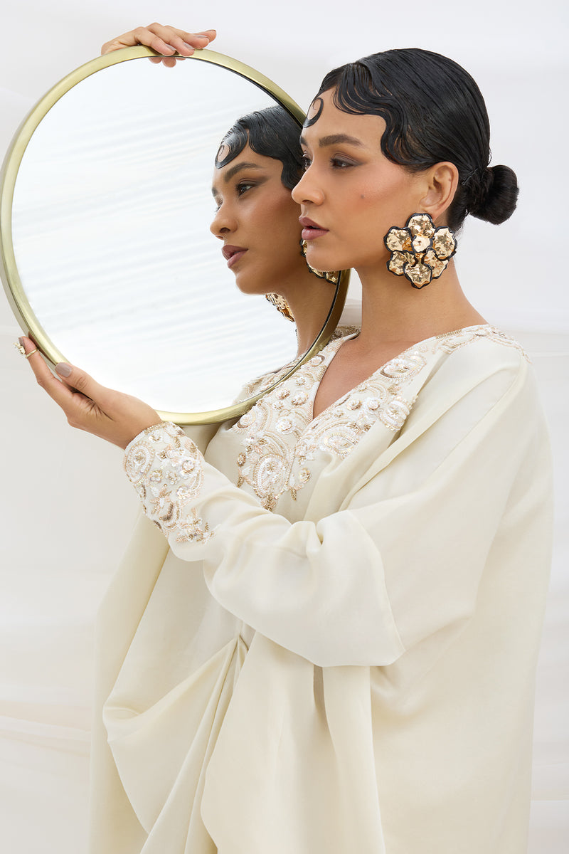 BEIGE EMBROIDERED DRAPED KAFTAN WITH BOTTOM