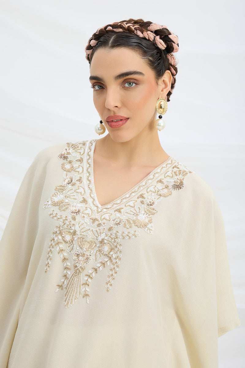 BEIGE EMBROIDERED KAFTAN WITH BOTTOM