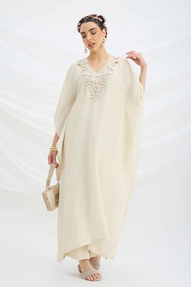 BEIGE EMBROIDERED KAFTAN WITH BOTTOM