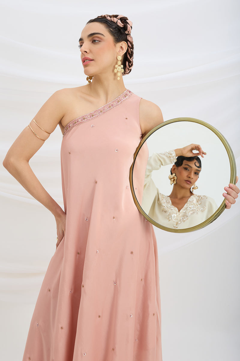 ONE SHOULDER EMBROIDERED DRAPE DRESS