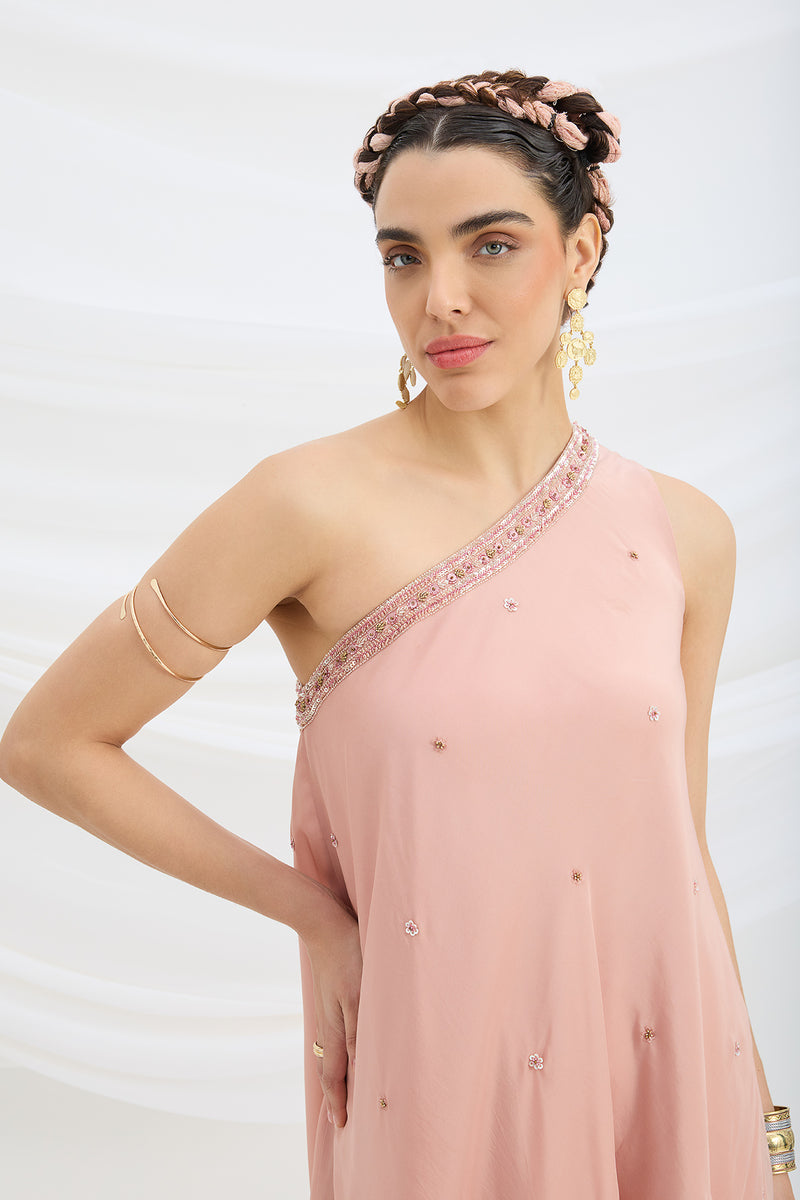 ONE SHOULDER EMBROIDERED DRAPE DRESS