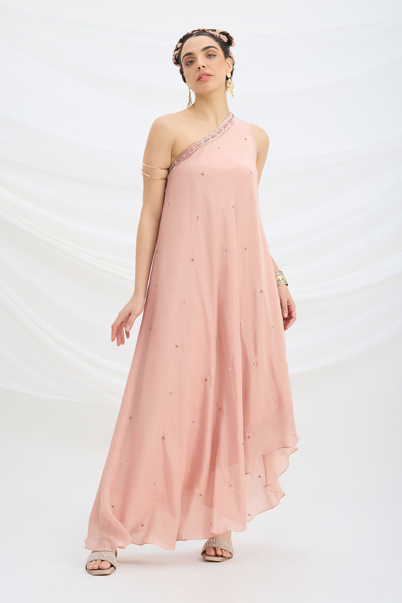 ONE SHOULDER EMBROIDERED DRAPE DRESS