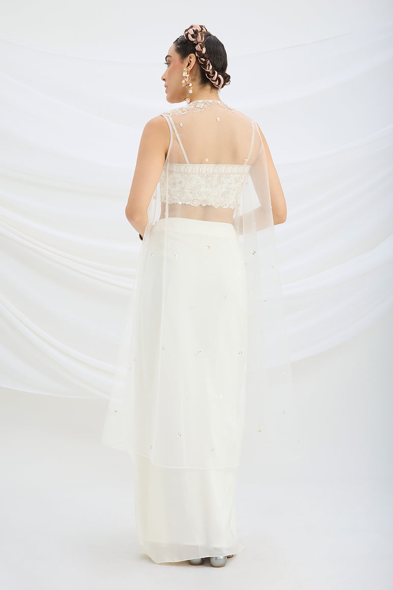 OFF WHITE EMBROIDERED JACKET WITH DRAPE SKIRT AND EMBROIDERED CROP TOP