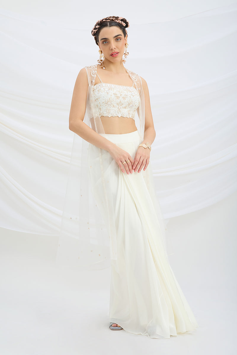 OFF WHITE EMBROIDERED JACKET WITH DRAPE SKIRT AND EMBROIDERED CROP TOP