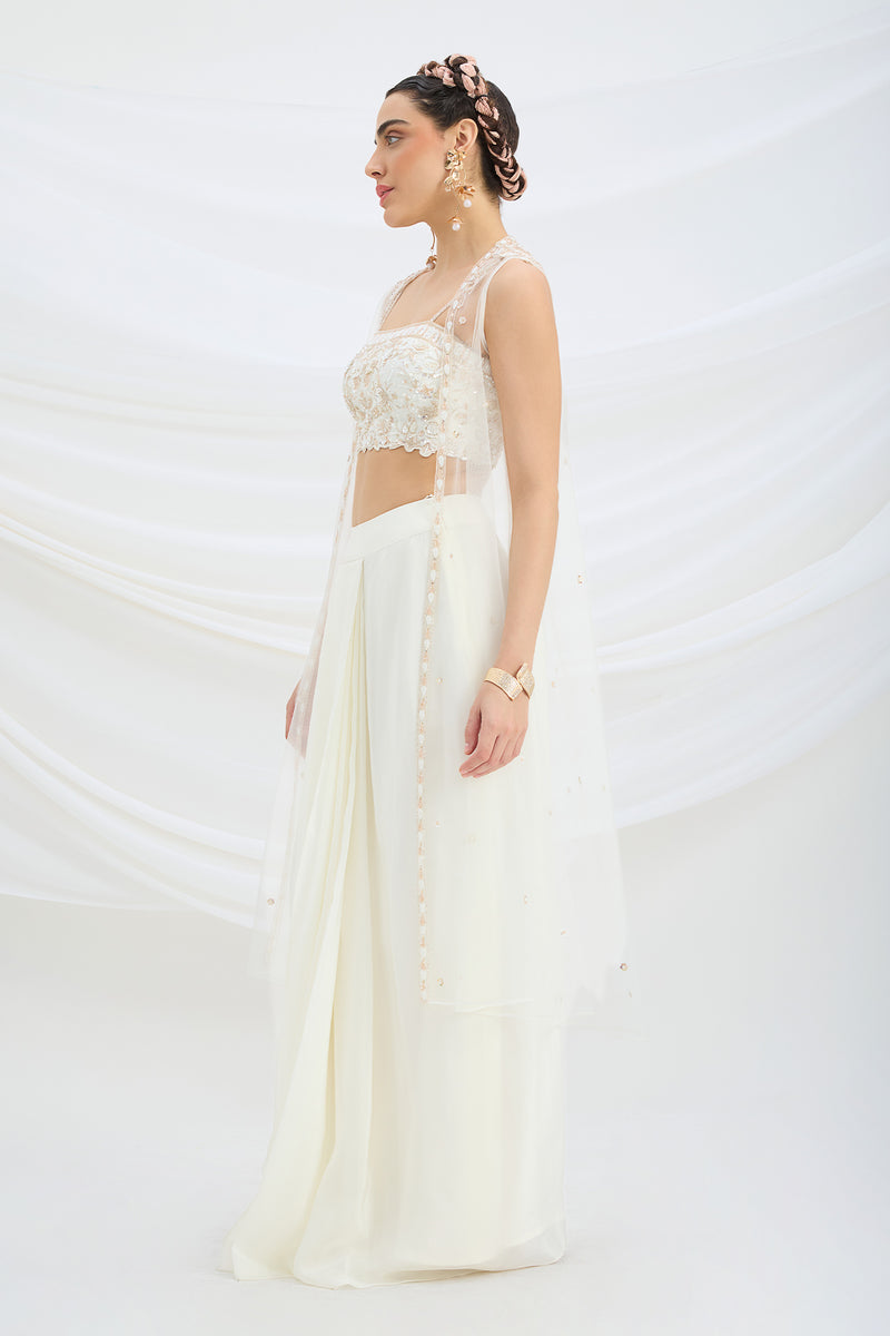 OFF WHITE EMBROIDERED JACKET WITH DRAPE SKIRT AND EMBROIDERED CROP TOP