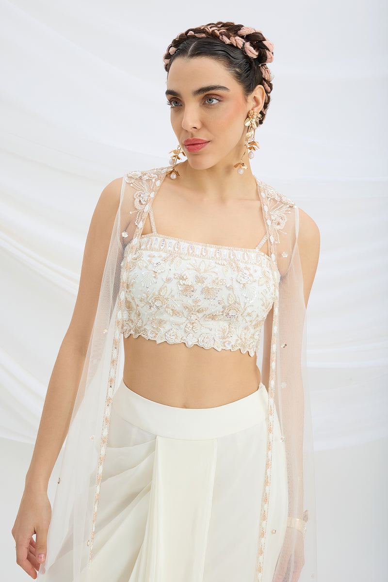 OFF WHITE EMBROIDERED JACKET WITH DRAPE SKIRT AND EMBROIDERED CROP TOP