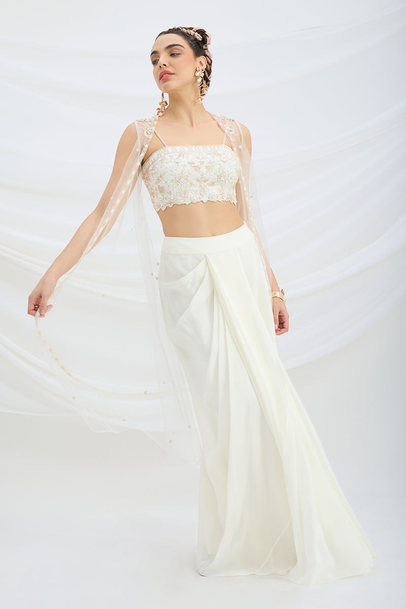 OFF WHITE EMBROIDERED JACKET WITH DRAPE SKIRT AND EMBROIDERED CROP TOP