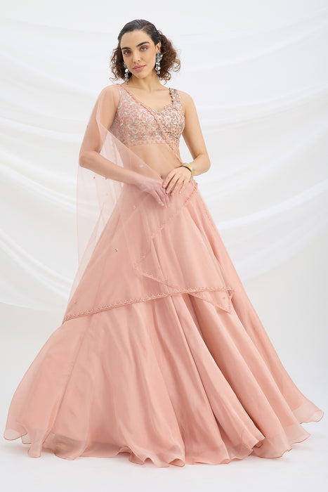 PEACH LEHENGA WITH EMBROIDERED STITCHED BLOUSE AND DUPATTA