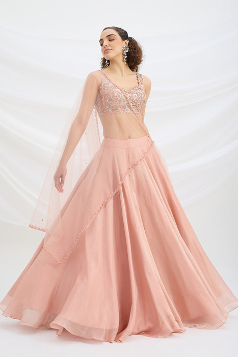 PEACH LEHENGA WITH EMBROIDERED STITCHED BLOUSE AND DUPATTA