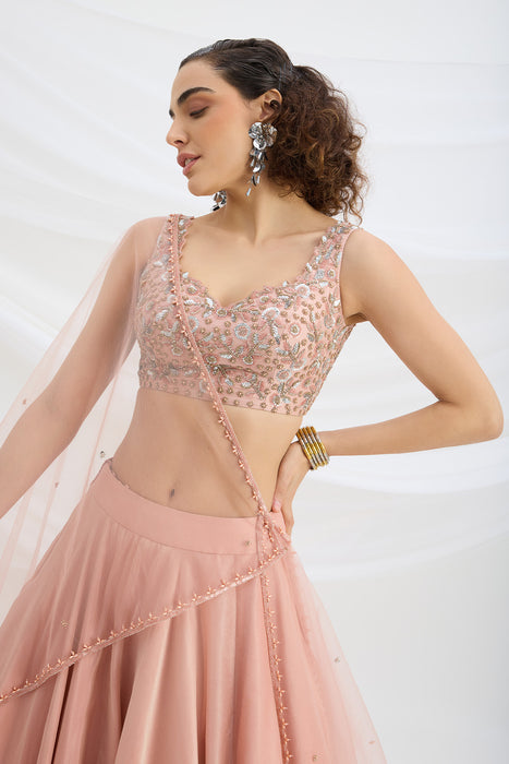 PEACH LEHENGA WITH EMBROIDERED STITCHED BLOUSE AND DUPATTA