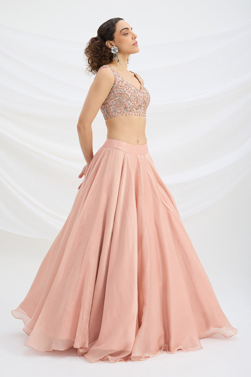 PEACH LEHENGA WITH EMBROIDERED STITCHED BLOUSE AND DUPATTA