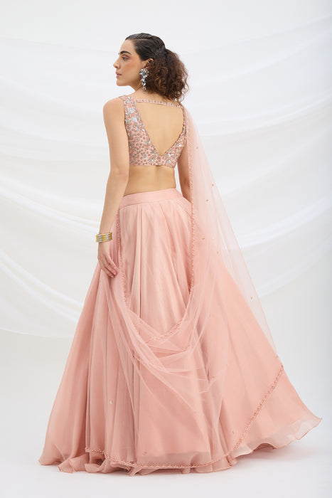 PEACH LEHENGA WITH EMBROIDERED STITCHED BLOUSE AND DUPATTA