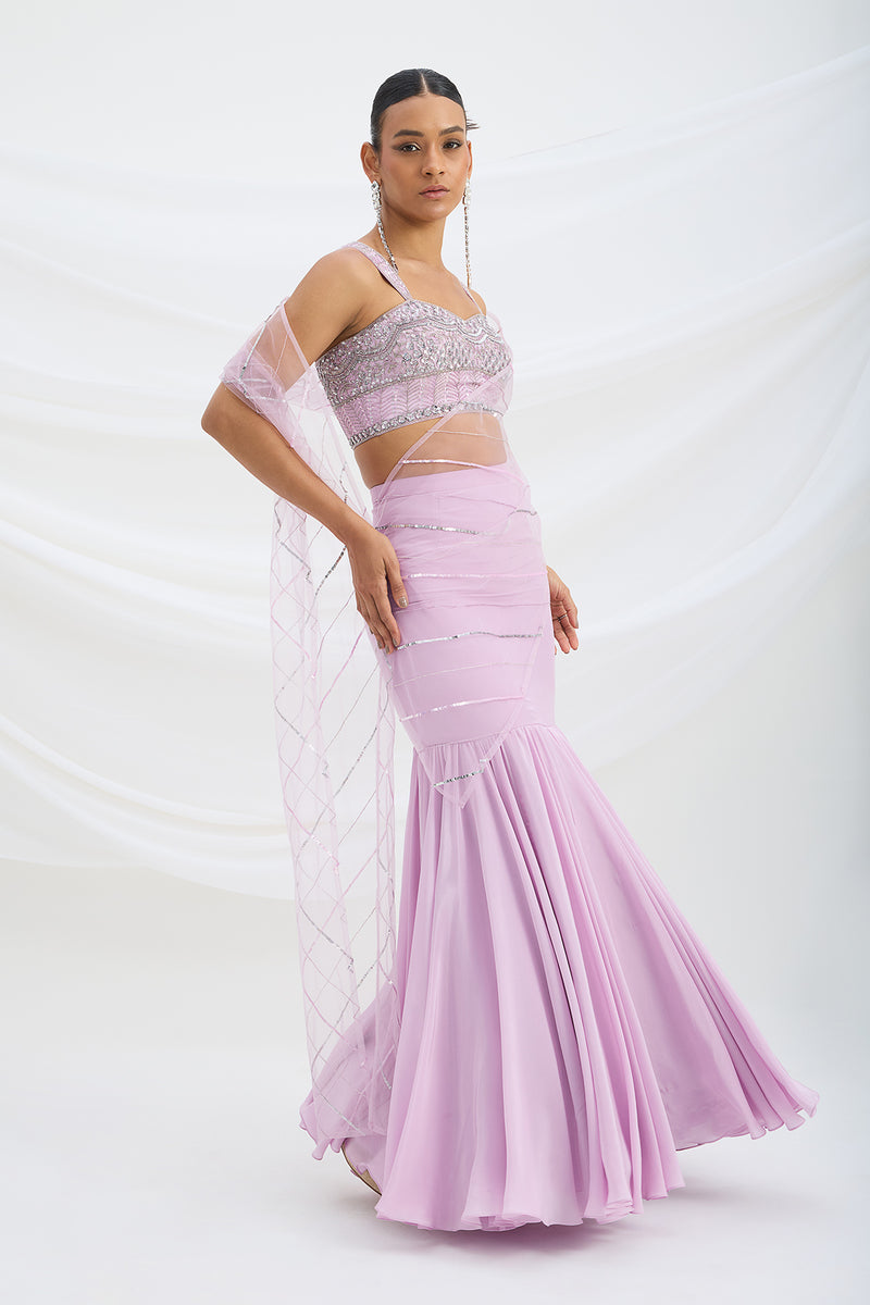 LILAC FISH CUT SKIRT WITH EMBROIDERED BLOUSE WITH ATTACHED DUPATTA