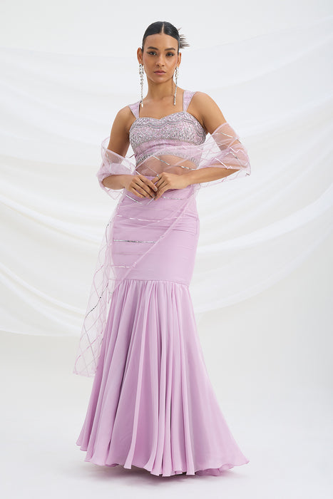 LILAC FISH CUT SKIRT WITH EMBROIDERED BLOUSE WITH ATTACHED DUPATTA