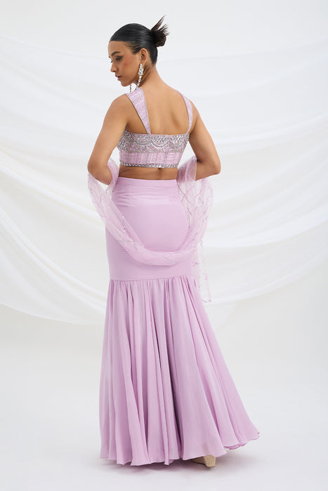 LILAC FISH CUT SKIRT WITH EMBROIDERED BLOUSE WITH ATTACHED DUPATTA