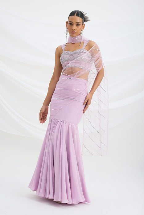 LILAC FISH CUT SKIRT WITH EMBROIDERED BLOUSE WITH ATTACHED DUPATTA