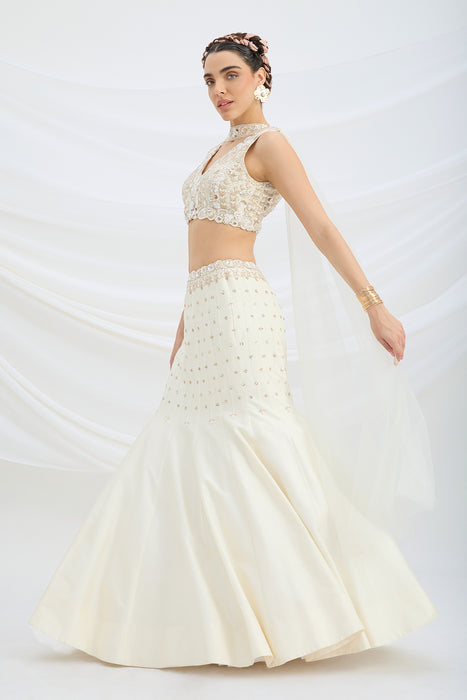 BEIGE SHARARA WITH EMBROIDERED PEPLUM TOP AND DUPATTA