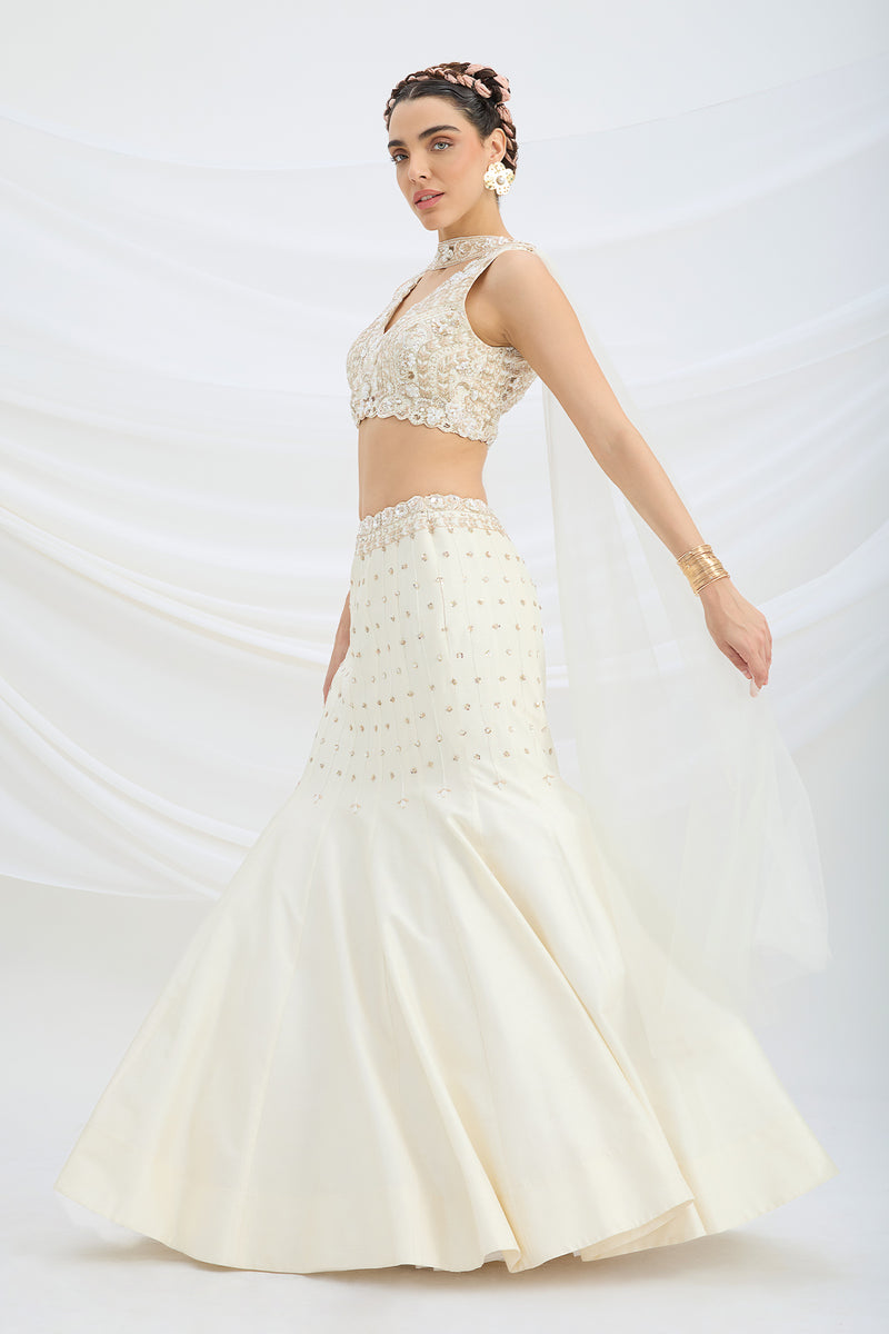 BEIGE EMBROIDERED FISHCUT LEHENGA WITH BLOUSE AND DUPATTA