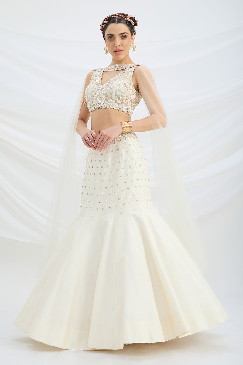 BEIGE EMBROIDERED FISHCUT LEHENGA WITH BLOUSE AND DUPATTA