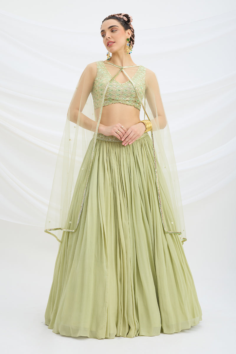 PISTA GREEN LEHENGA WITH EMBROIDERED AND DUPATTA