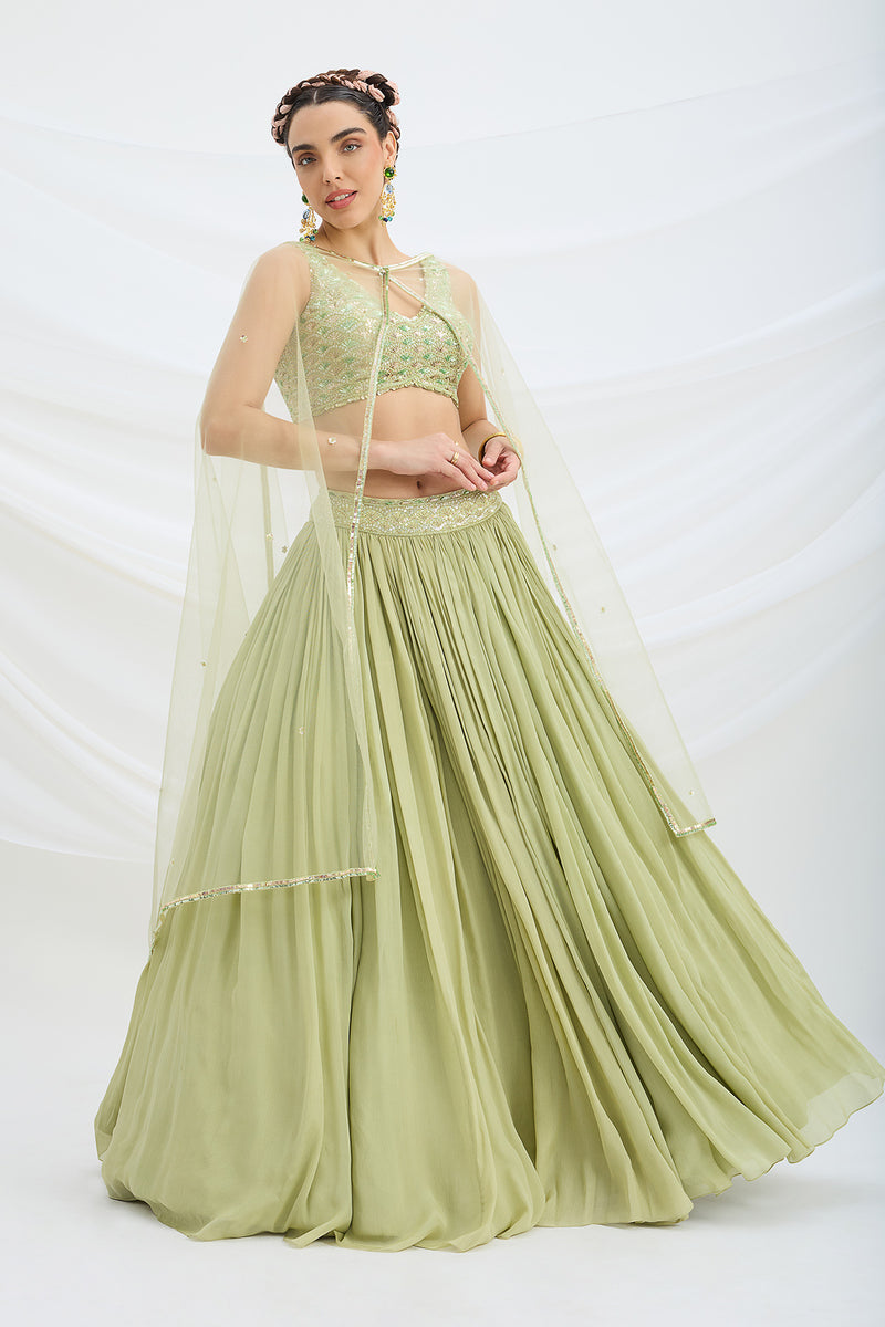 PISTA GREEN LEHENGA WITH EMBROIDERED AND DUPATTA