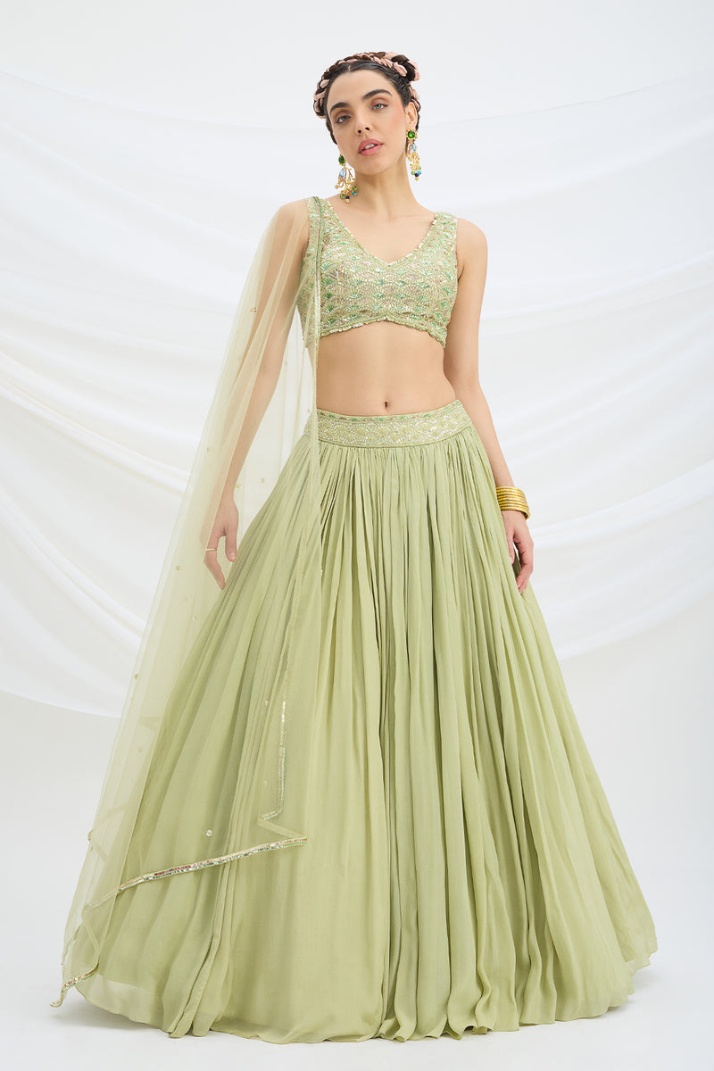 PISTA GREEN LEHENGA WITH EMBROIDERED AND DUPATTA