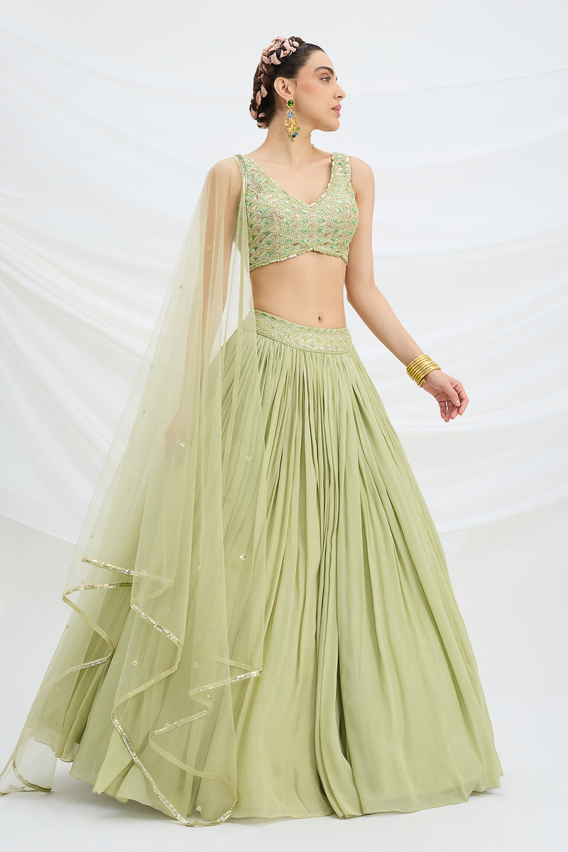 PISTA GREEN LEHENGA WITH EMBROIDERED AND DUPATTA