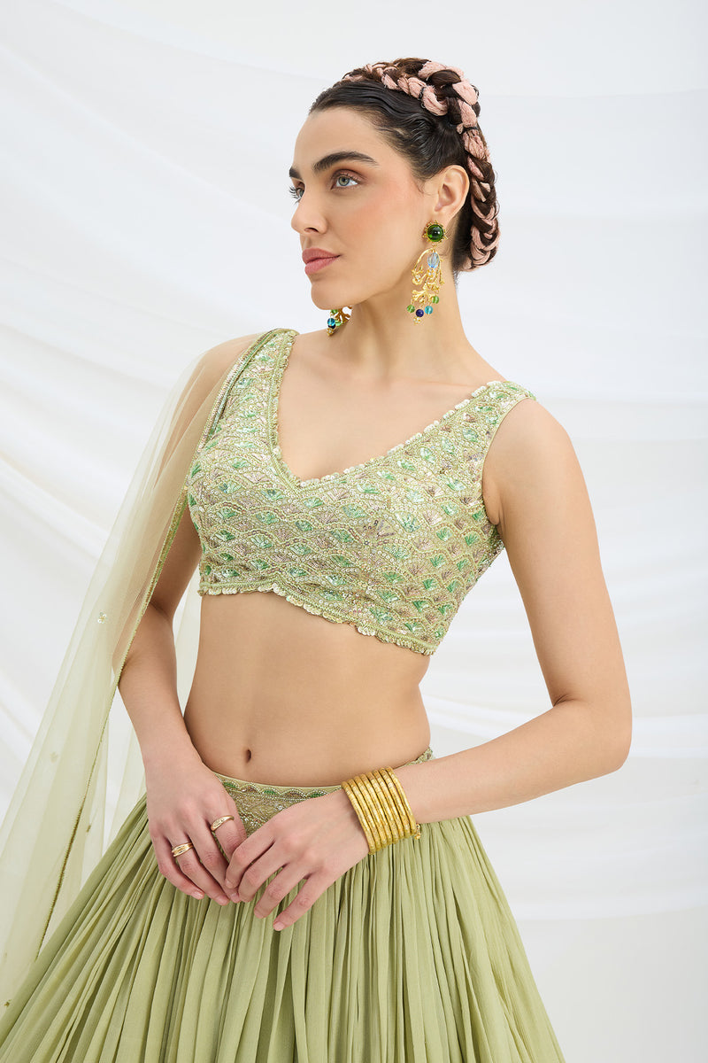 PISTA GREEN LEHENGA WITH EMBROIDERED AND DUPATTA