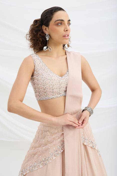 LIGHT PINK EMBROIDERED LEHENGA WITH BLOUSE AND ATTACHED DUPATTA