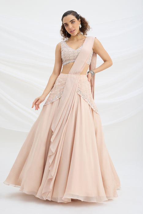 BEIGE EMBROIDERED DRAPE DRESS