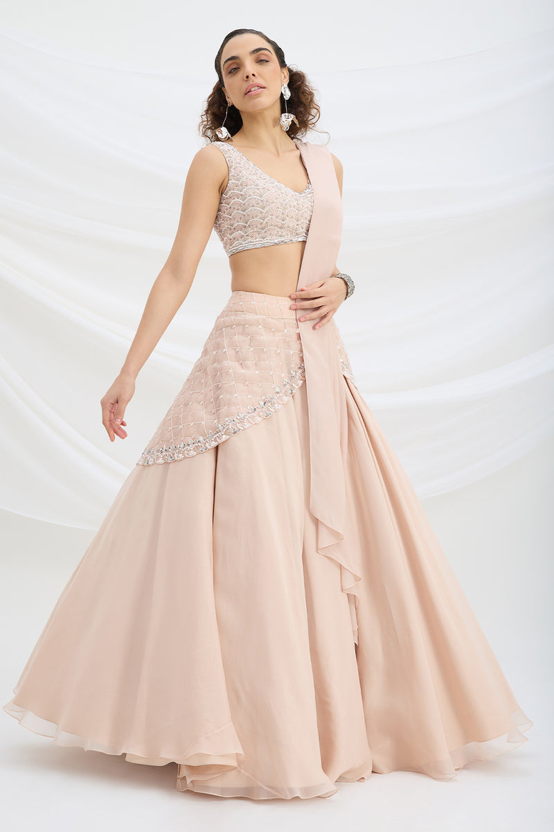 LIGHT PINK EMBROIDERED LEHENGA WITH BLOUSE AND ATTACHED DUPATTA