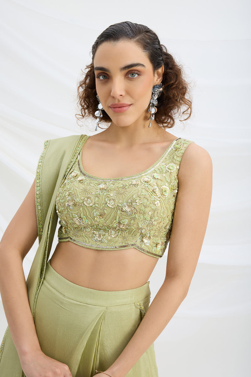SAGE GREEN DRAPE SET SAREE WITH EMBROIDERED BLOUSE