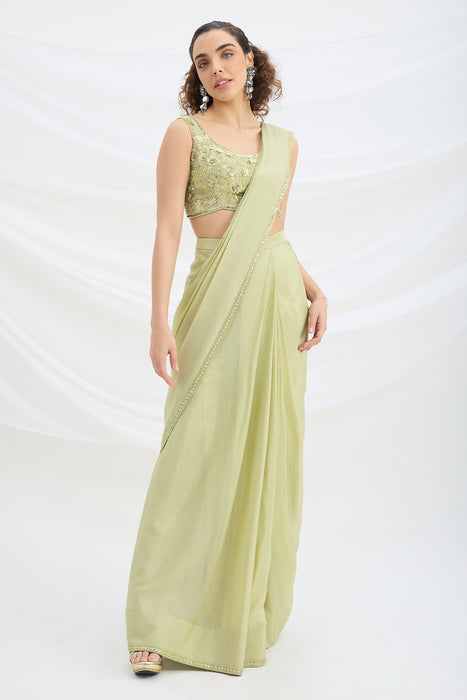 SAGE GREEN DRAPE SET SAREE WITH EMBROIDERED BLOUSE
