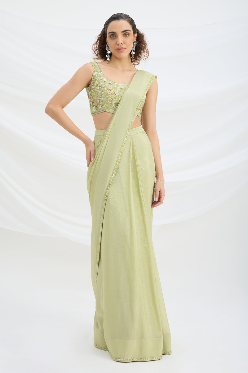 SAGE GREEN DRAPE SET SAREE WITH EMBROIDERED BLOUSE