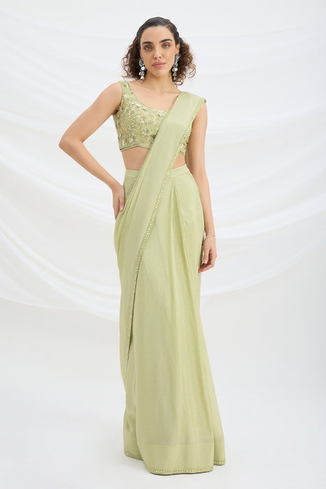 SAGE GREEN DRAPE SET SAREE WITH EMBROIDERED BLOUSE