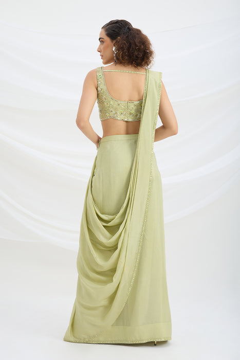 SAGE GREEN DRAPE SET SAREE WITH EMBROIDERED BLOUSE