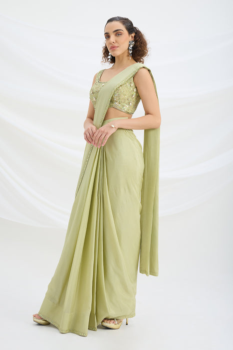 SAGE GREEN DRAPE SET SAREE WITH EMBROIDERED BLOUSE