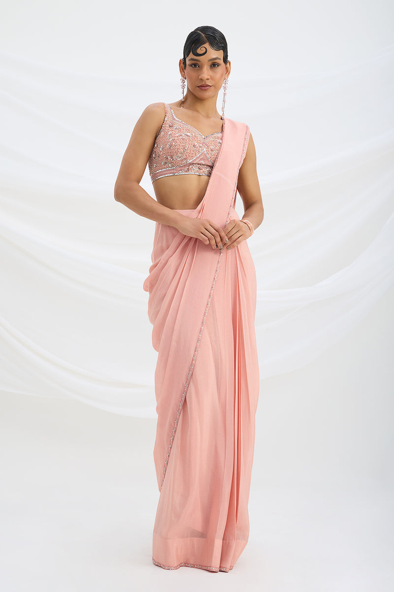 PEACH PINK SET SAREE WITH EMBROIDERED BLOUSE