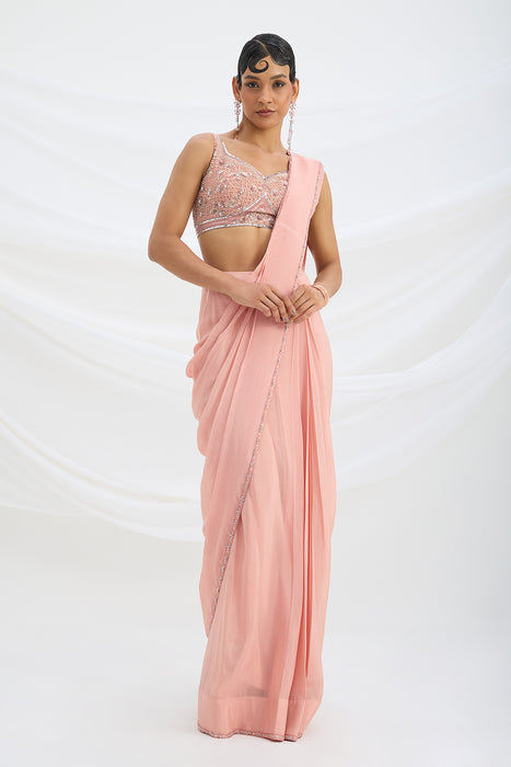 PEACH PINK SET SAREE WITH EMBROIDERED BLOUSE