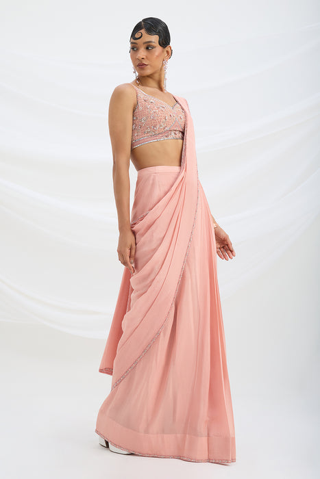 PEACH PINK SET SAREE WITH EMBROIDERED BLOUSE