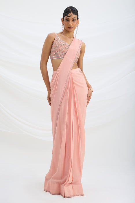 PEACH PINK SET SAREE WITH EMBROIDERED BLOUSE