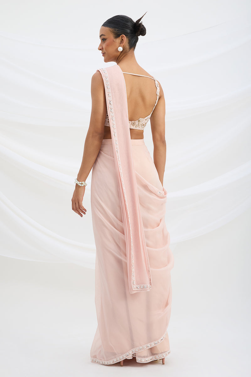 LIGHT PINK DRAPE SAREE SET WITH EMBROIDERED BLOUSE