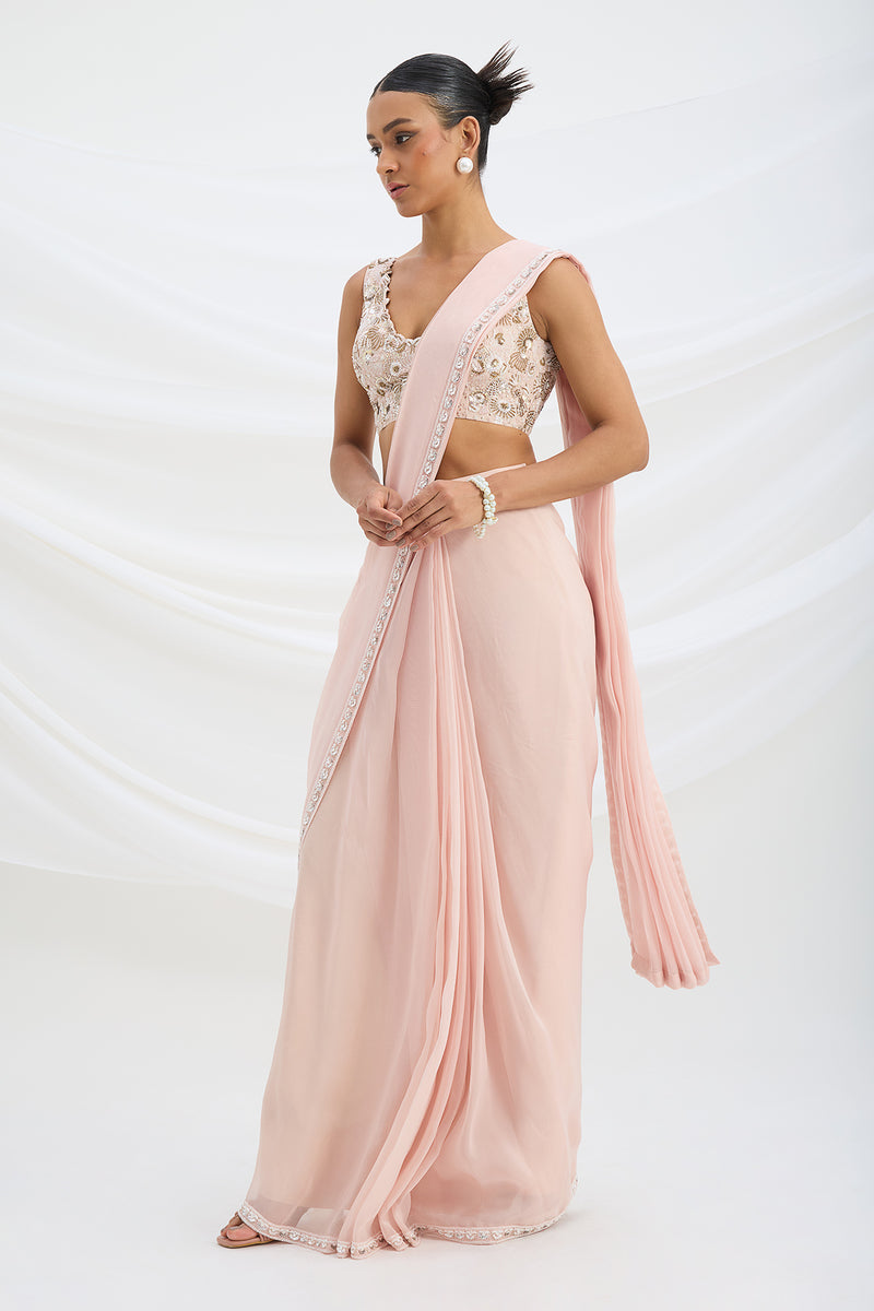 LIGHT PINK DRAPE SAREE SET WITH EMBROIDERED BLOUSE