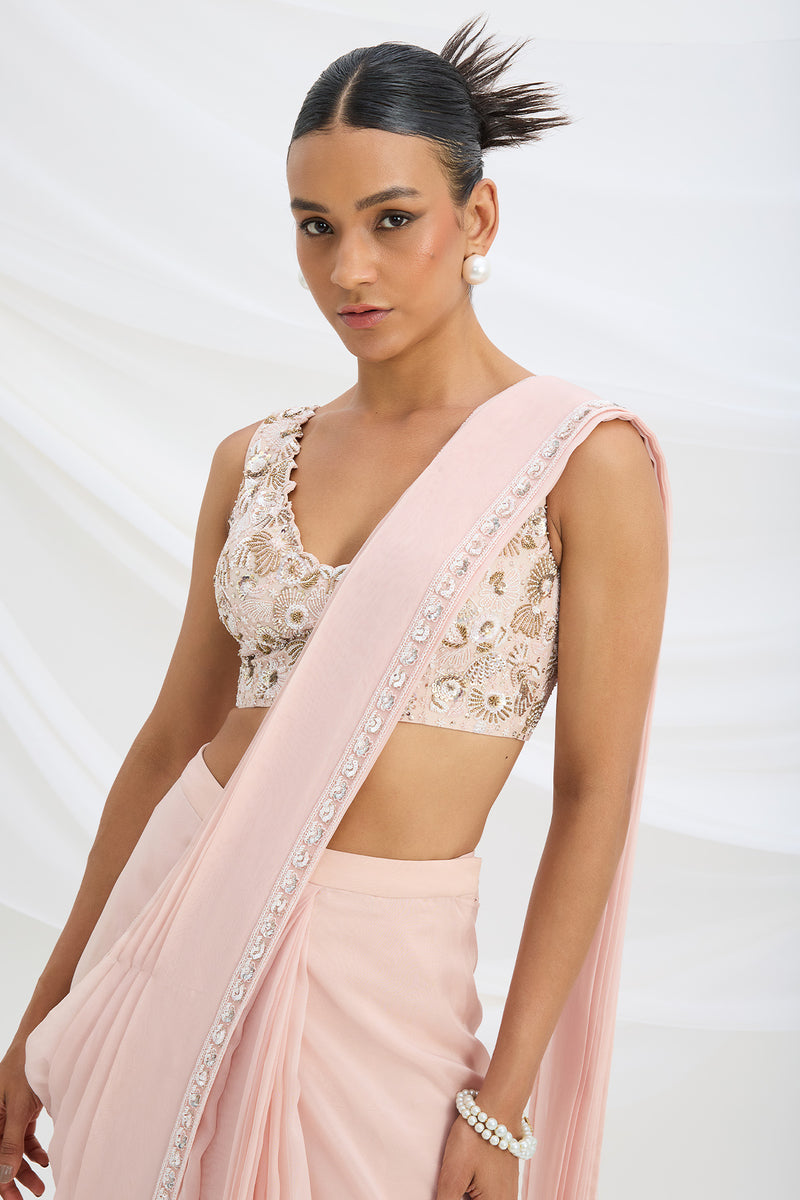 LIGHT PINK DRAPE SAREE SET WITH EMBROIDERED BLOUSE